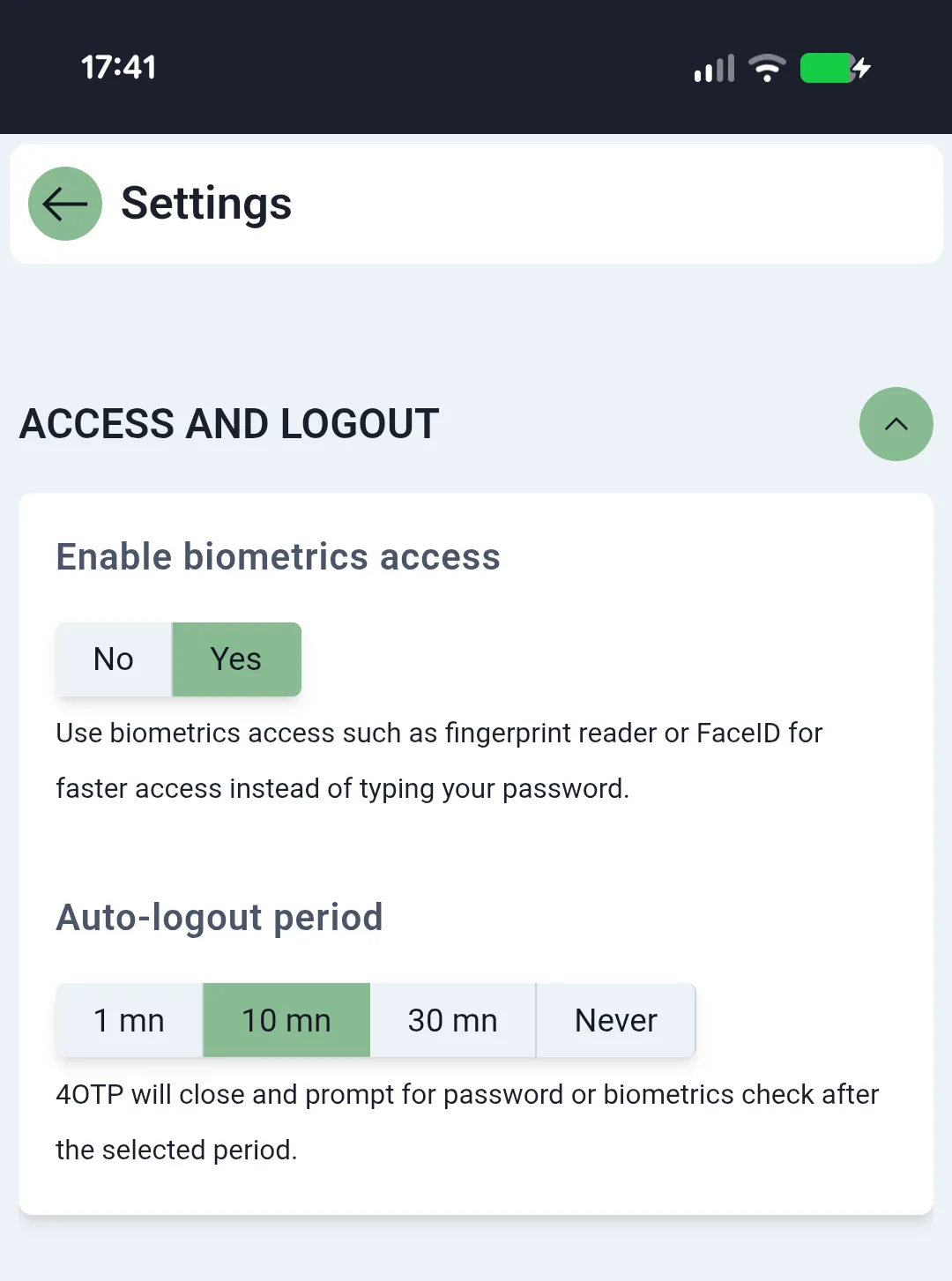 4OTP Access and logout configuration section opened on a mobile device