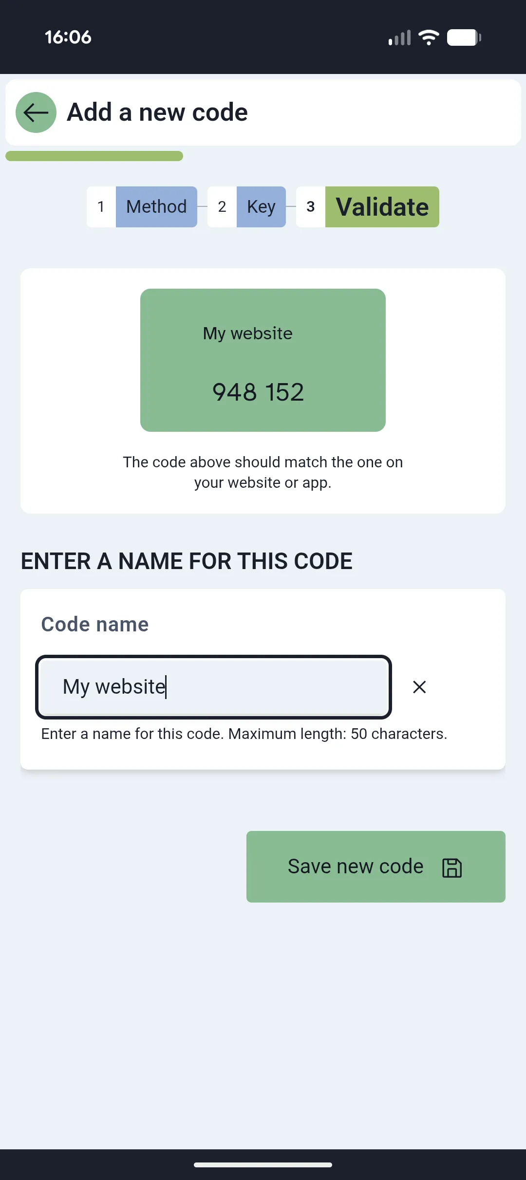 4OTP new code validation screen, showing the current code for the secrete key
