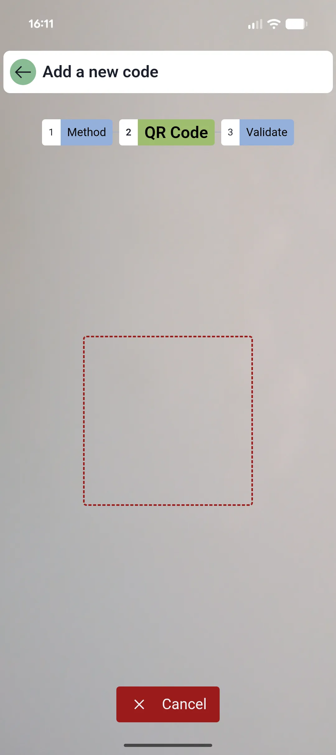 The scan new code screen from 4OTP