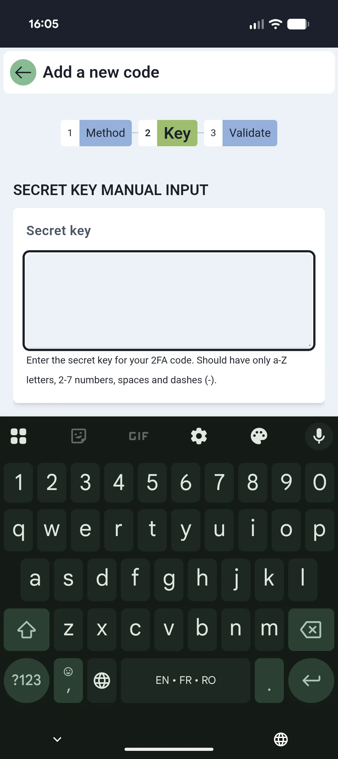 Entering a secret key manually or through copy/pasting