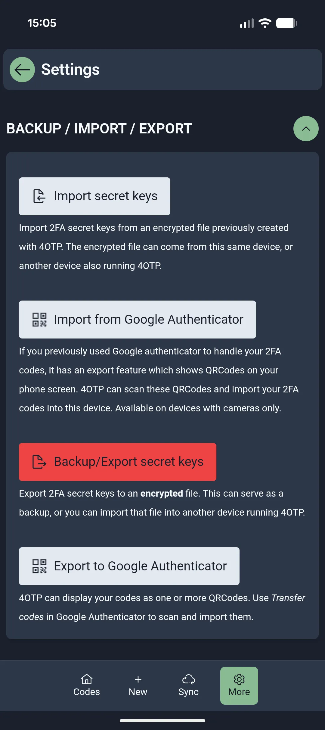 Backup / Import / Export settings in 4OTP