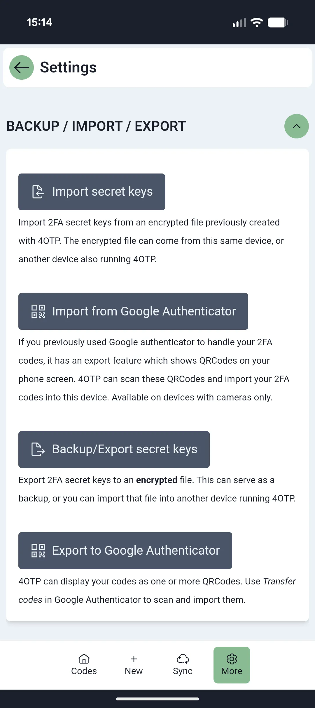 Backup / Import / Export settings in 4OTP