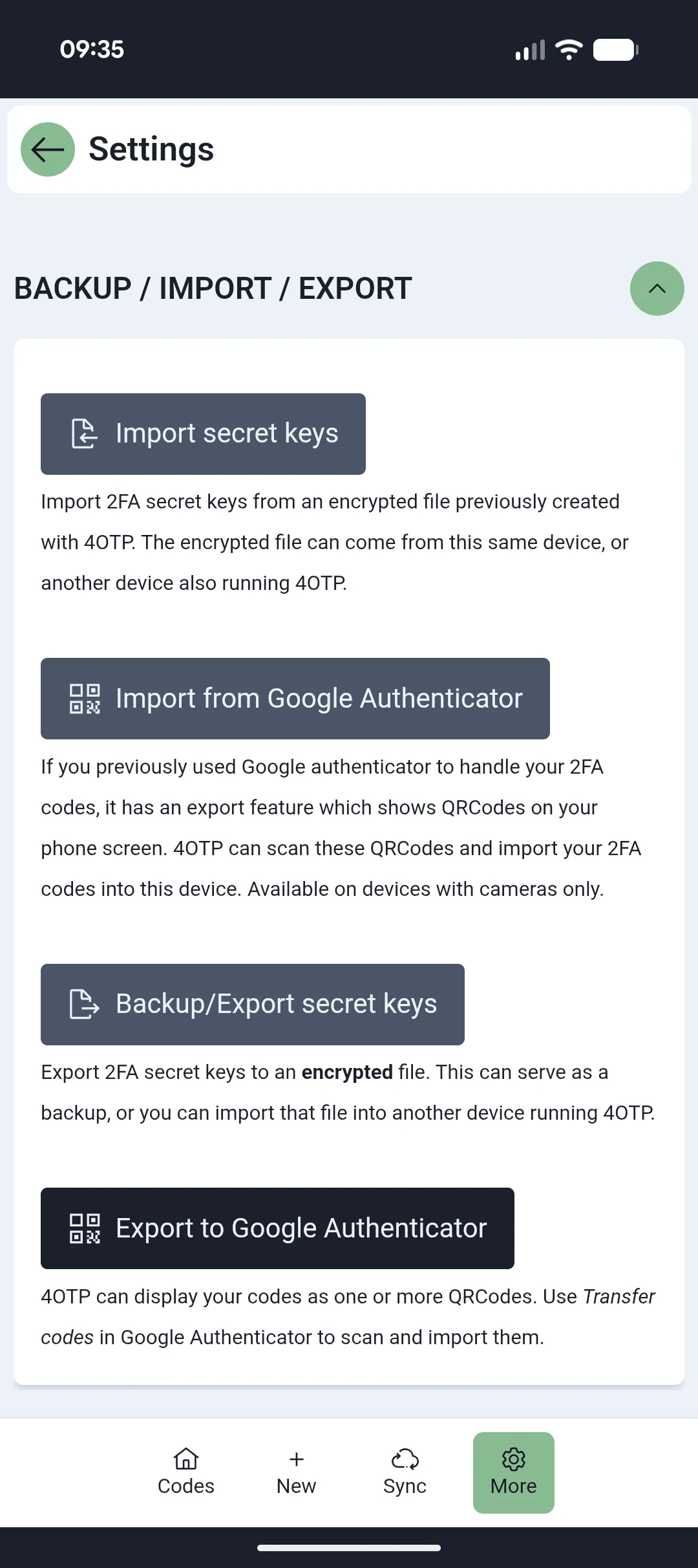 Export to Google Authenticator option under 4OTP More area