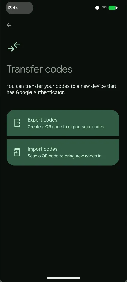 Google Authenticator import menu