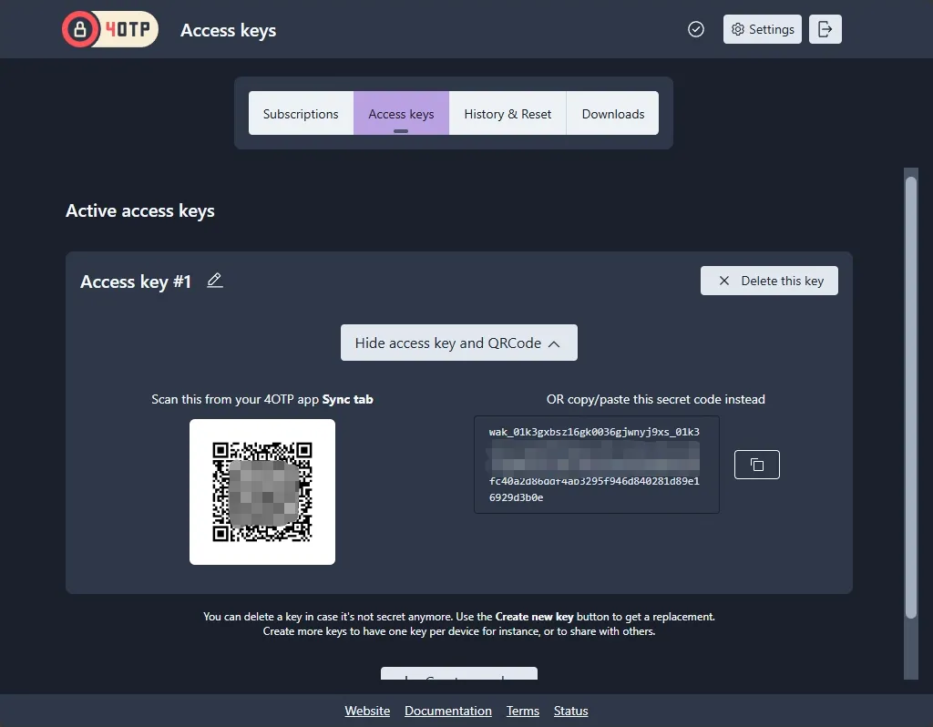 An Access key with its QRCode and secret visible on 4OTP Sync dashboard