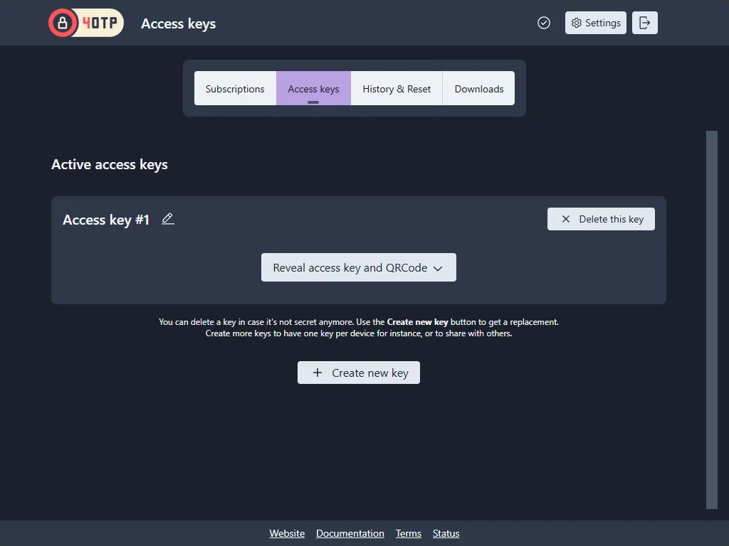 List of access keys on the 4OTP Sync dashboard