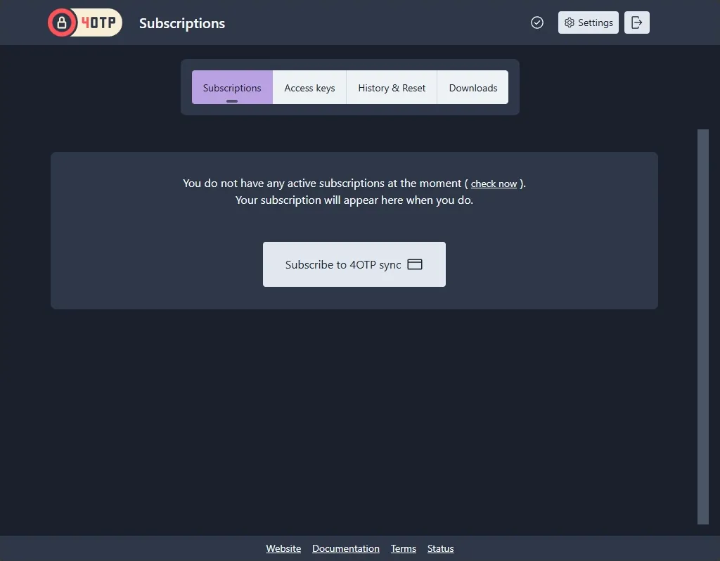 4OTP Sync dashboard with no subscription