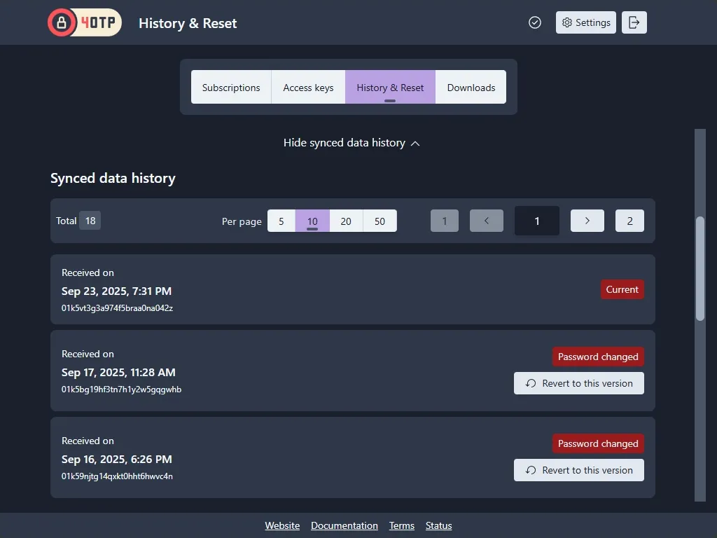 Sync History on 4OTP dashboard, showing detailed list