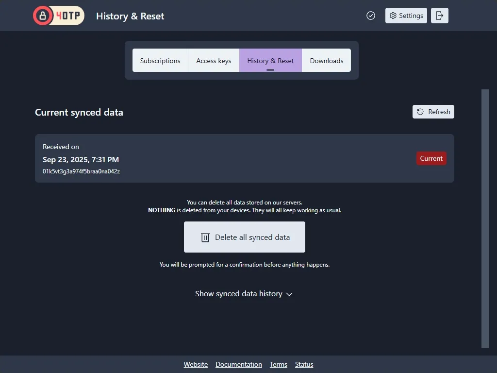 Sync History on 4OTP dashboard, showing current state