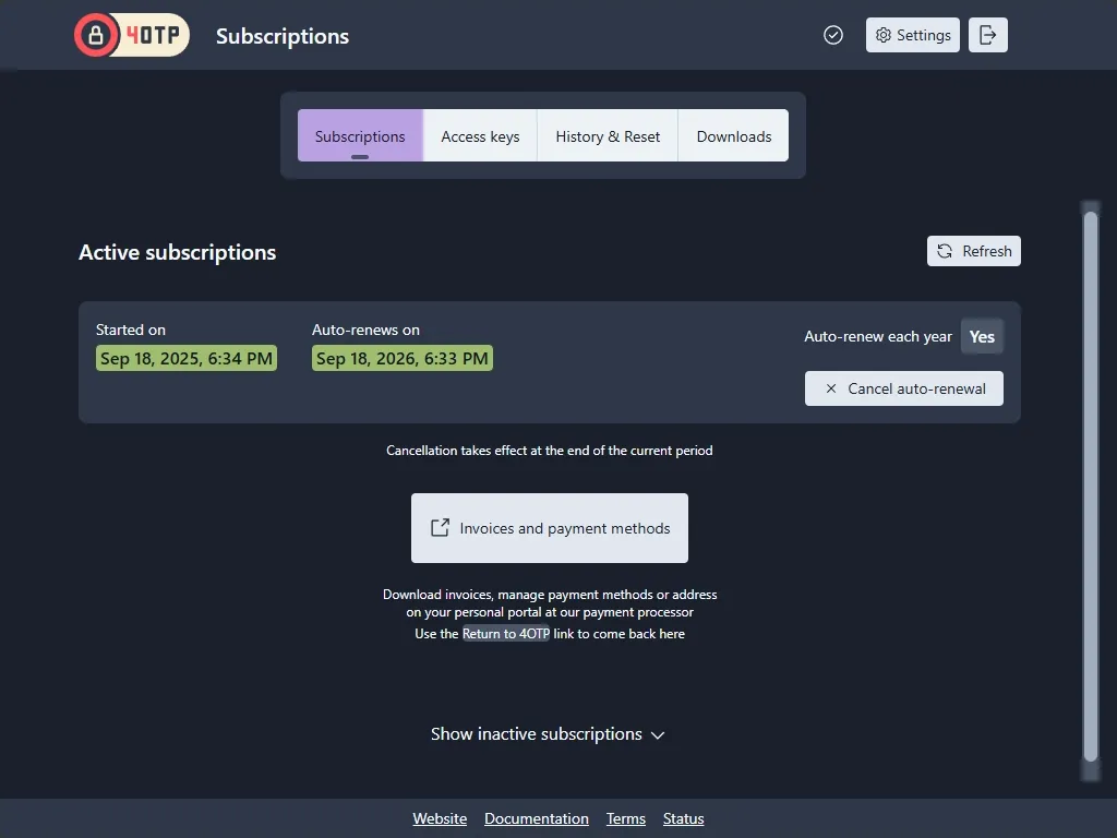4OTP Sync dashboard showing new subscription
