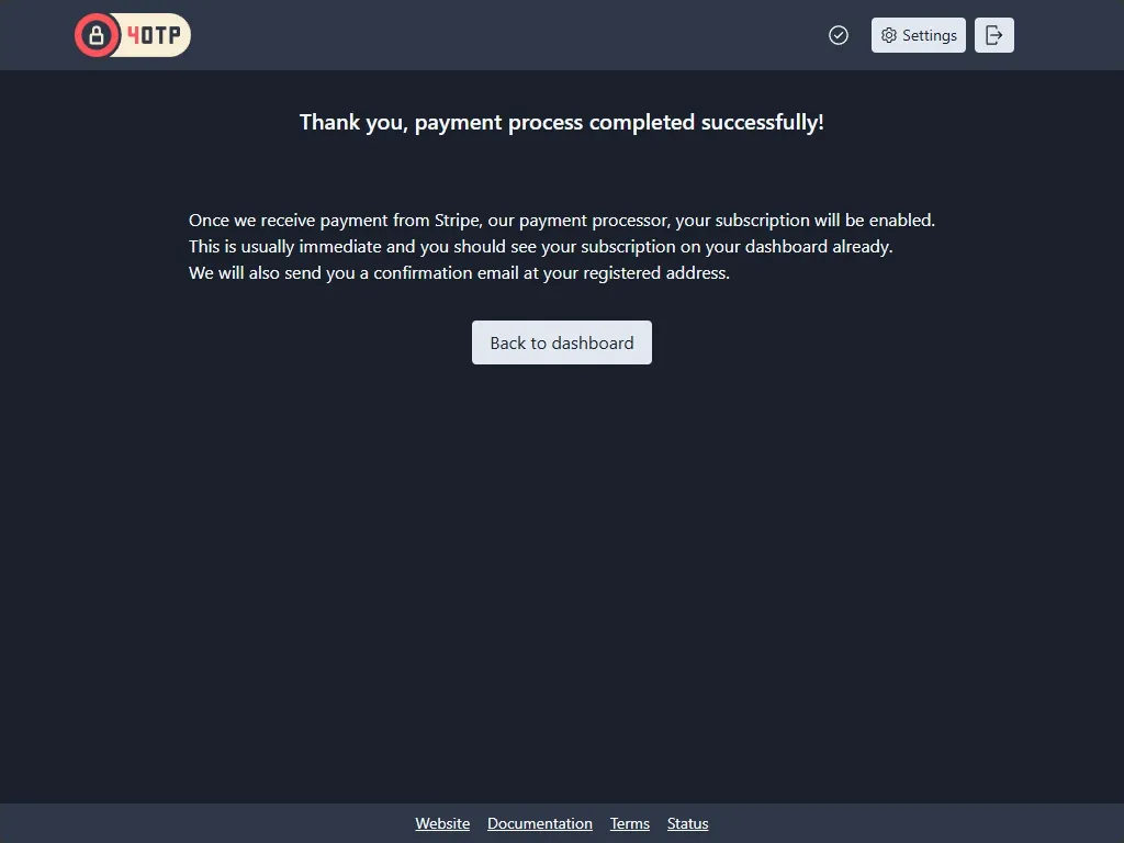 4OTP Sync dashboard after payment is complete