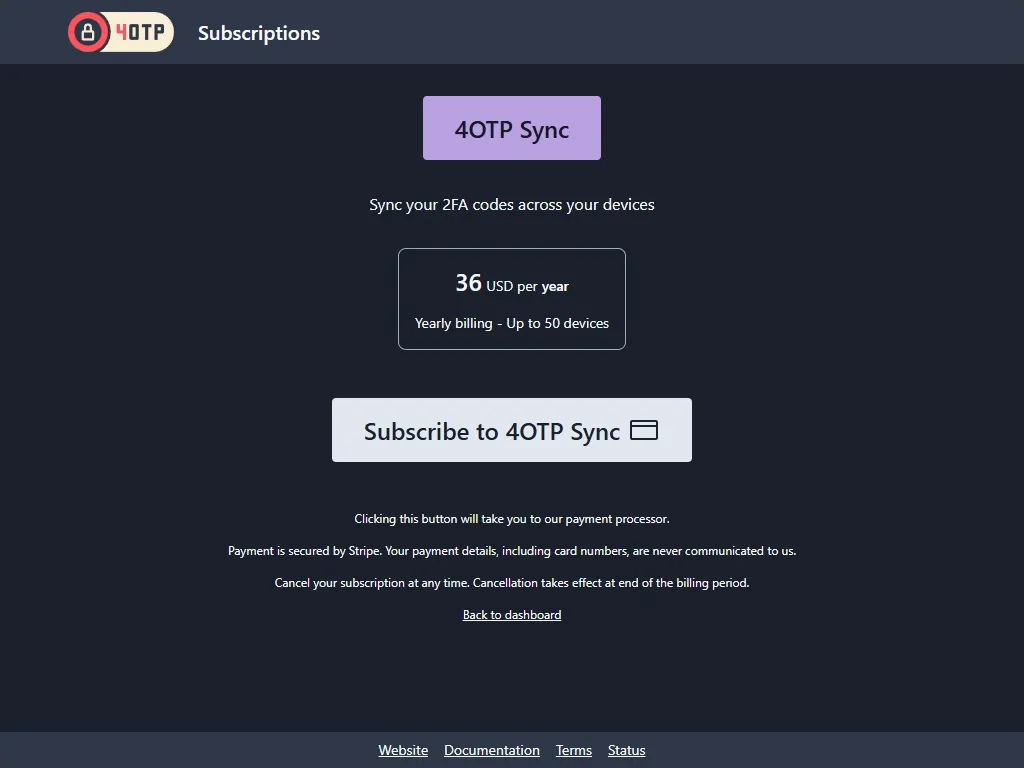 4OTP Sync subscription process start page